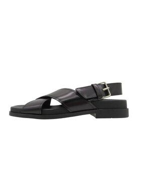 Prada Sandals Leather Cross Strap Sports Flat Shoes Heels Band Black